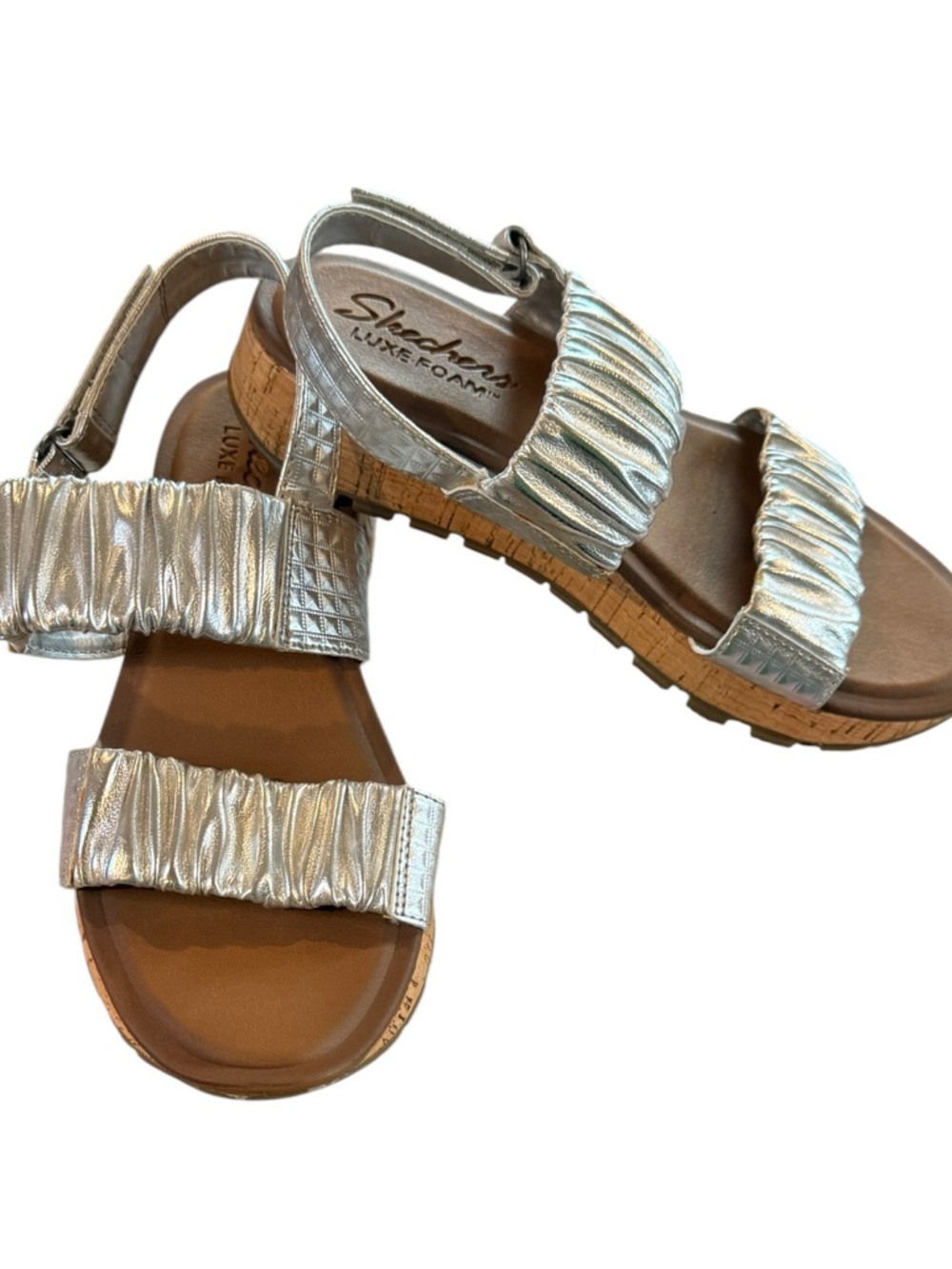 Skechers Luxe Foam Metallic Silver Ruched Woman's Cork Wedge Sandals Size 7 - Picture 8 of 9